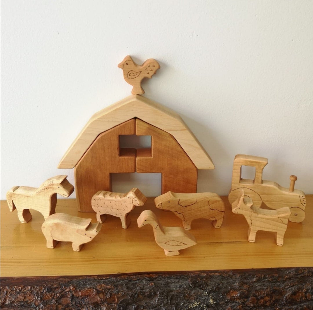 Wooden Farm Animals-Wooden Barn-Farm Animal Set-Wooden Toy Tractor-Small  World Play-easter gift
